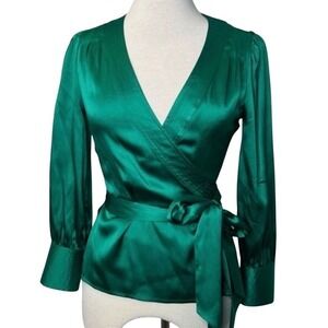 Diane von Furstenberg Green Silk Wrap Blouse Satin‎ V-Neck Tie Waist Top Size 2